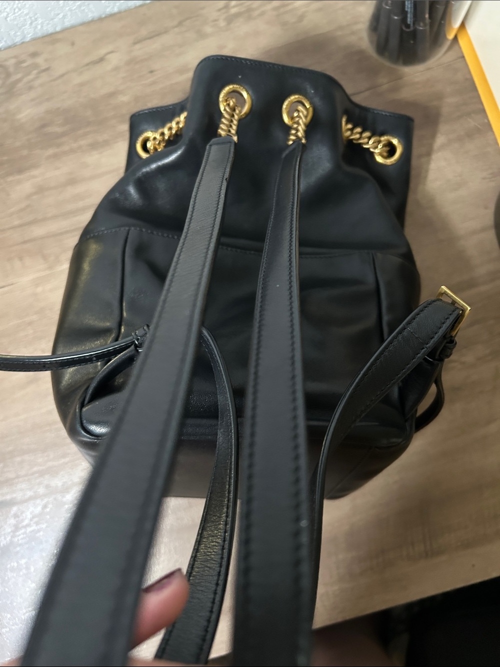 Saint Laurent Black Leather Drawstring Backpack with Gold Hardware - Picture 9 of 11